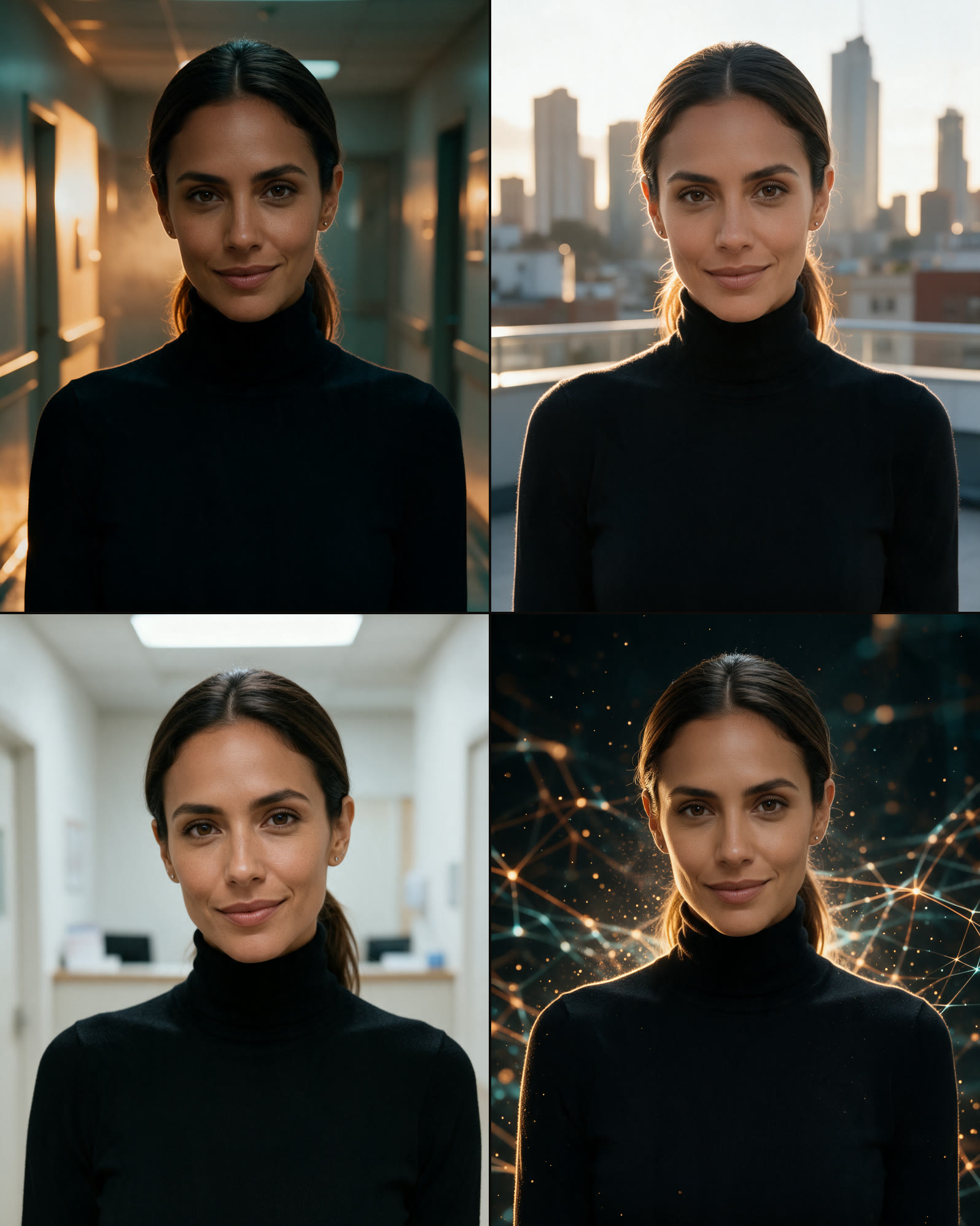 Hoja de contactos con el mismo avatar de marca, una mujer de suéter negro, en cuatro locaciones: pasillo de clínica, terraza con la ciudad, consultorio y un fondo de neuronas de luz